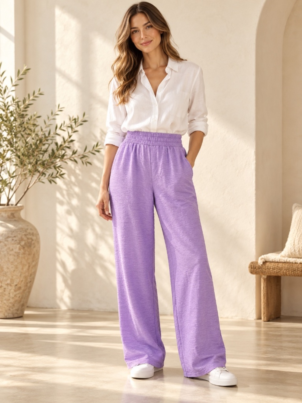 Zenana Lavender Cotton Slub Wide Leg Pants with Pockets